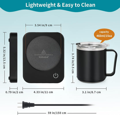 Coffee Mug Warmer & Mug Set for Desk - Auto Shut off & 3 Heat Settings, Includes 15Oz Stainless Steel Mug, Smart Coffee Cup Warmer, Home Office Essentials Coffee Set（Mug Included）